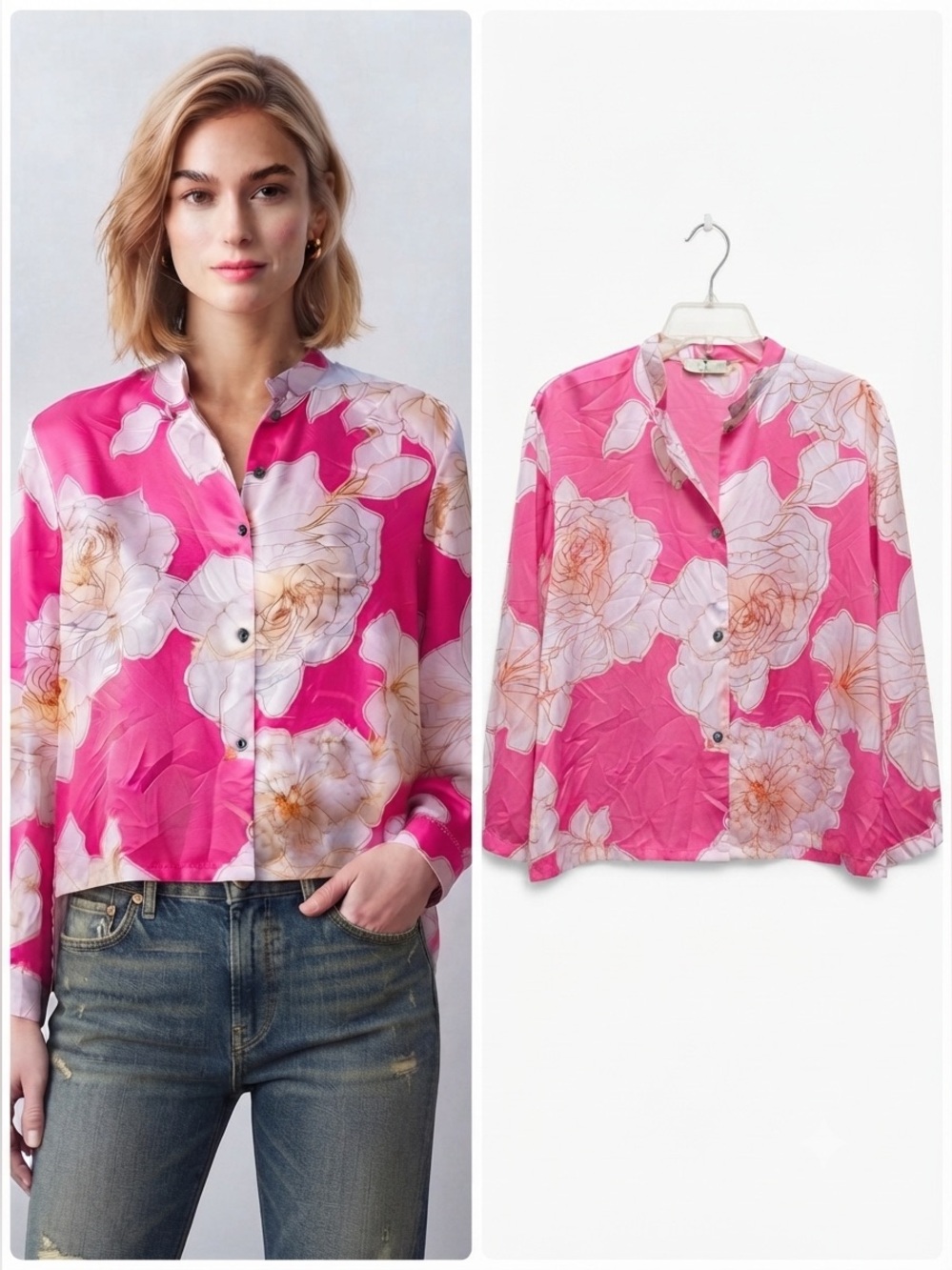 N Natori NEW Floral Satin Short Button Down Blouse M Boxy Pink White Lightweight